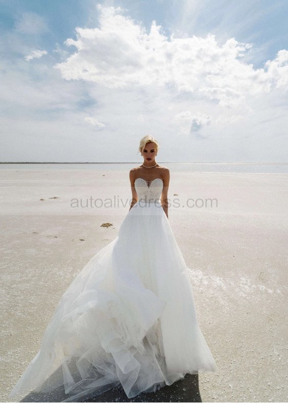 Sweetheart Neck Beaded White Tulle Sparkly Wedding Dress